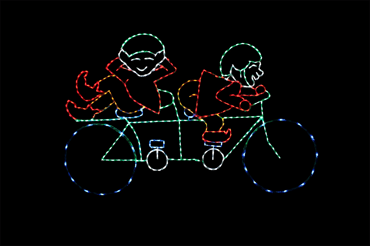 Bicycling elves animated Christmas light display