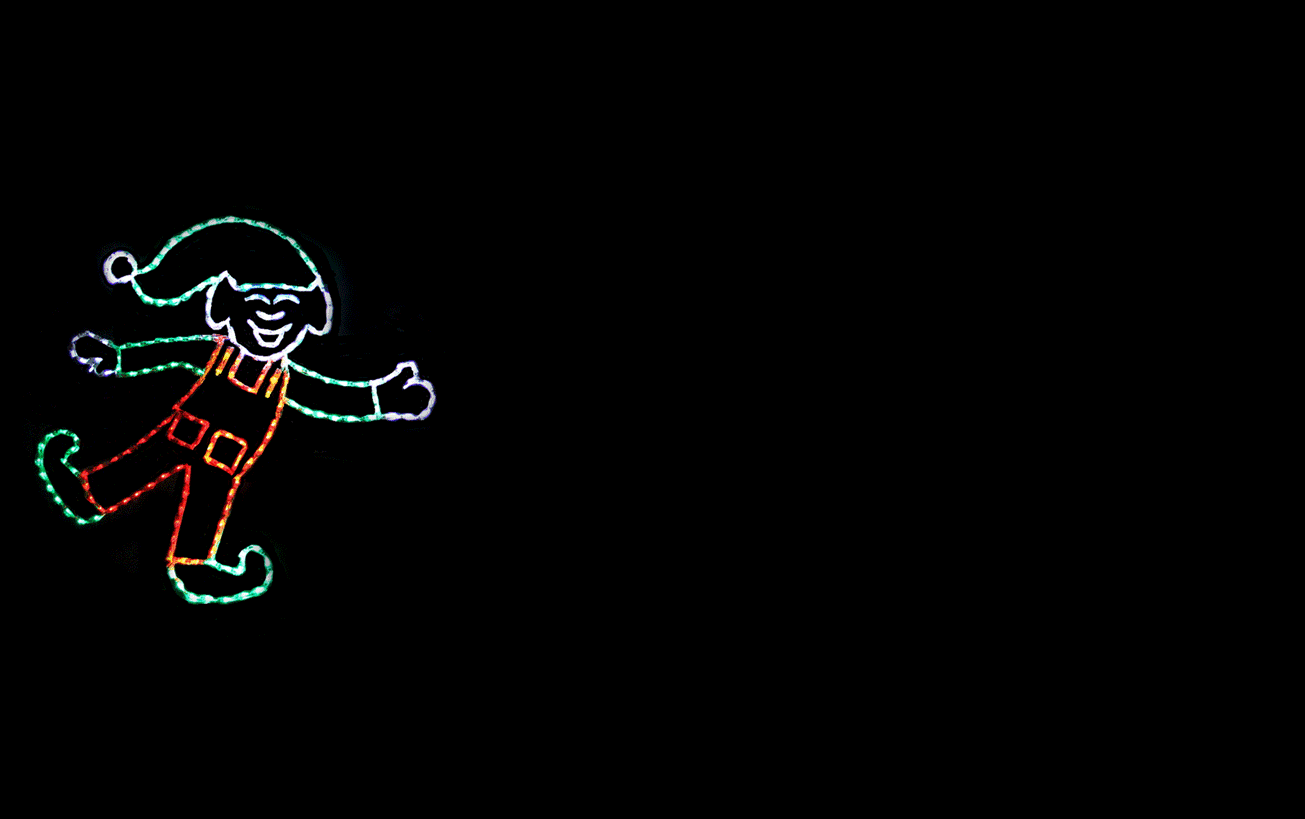 Cartwheeling elf animated Christmas light display