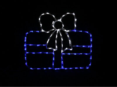 Single gift with blue body and white bow Christmas light display